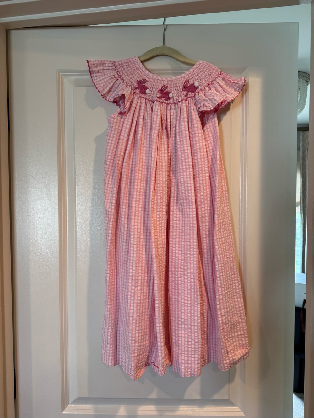 Girls Pink Smocked Ruffle-Yoke Dress with Embroidered Motif